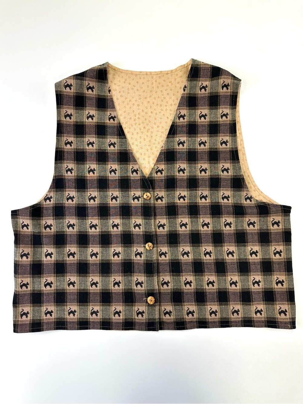 Handcrafted Cat Print Plaid Vest Reversible Boxy 90s Cottagecore Cotton Large XL